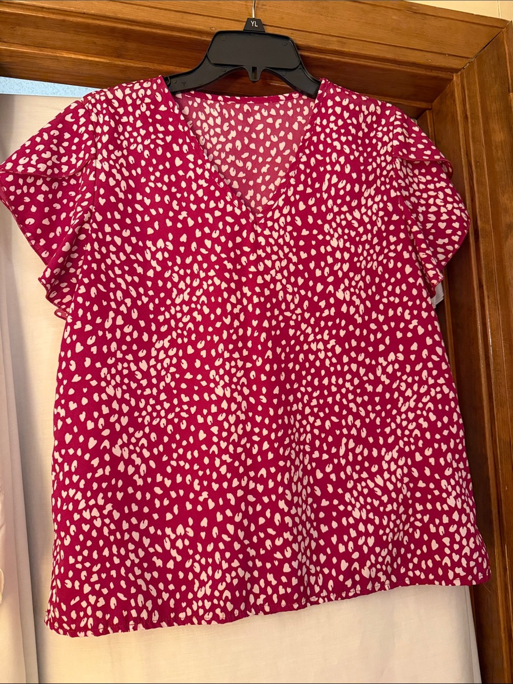 SHEIN Hot Pink and White Printed V-Neck Flutter Sleeve Blouse